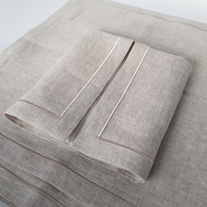 Beige-Gray Linen Napkins. Cloth Napkin with single-line embroidery. Custom Linen Napkins, Dinner Napkins in Belgian Linen. image 5