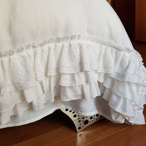Linen Duvet Cover with triple ruffles and lace. Queen Duvet cover with 2 ruffled EU shams and 2 standard pillowcases. Lace Home Linens
