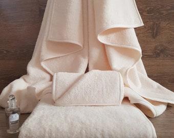 Egyptian Cotton Bathroom Towels in Ivory, Plush Towels, Bath Sheets, Hand Towels. Luxury, Custom size, Custom embroidered Bath Linen.