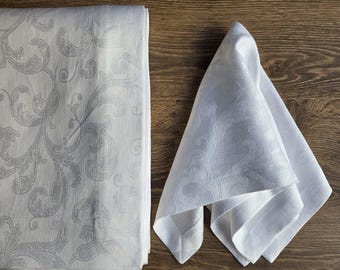 White Linen Acanthus Damask Tablecloth, Custom Sizes, Italian Textile