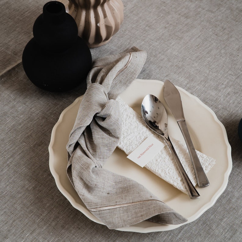 Beige-Gray Linen Napkins. Cloth Napkin with single-line embroidery. Custom Linen Napkins, Dinner Napkins in Belgian Linen. image 4