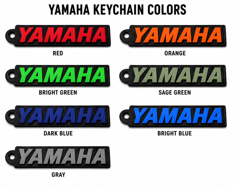 Pu&ograve; includere: Una collezione di portachiavi Yamaha in vari colori, tra cui rosso, arancione, verde brillante, verde salvia, blu scuro, blu brillante e grigio. Ogni portachiavi presenta il logo Yamaha.