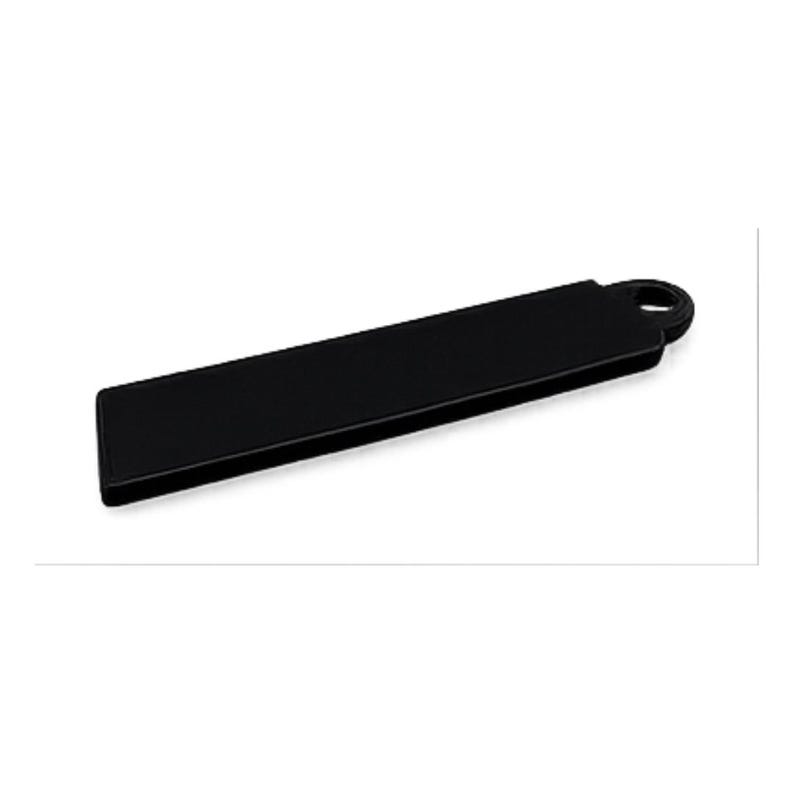 May include: A solid black rectangular keychain with a rounded loop at one end. The keychain is made of a smooth, matte material and is designed for attaching keys or other small items. The overall design is simple and minimalist.