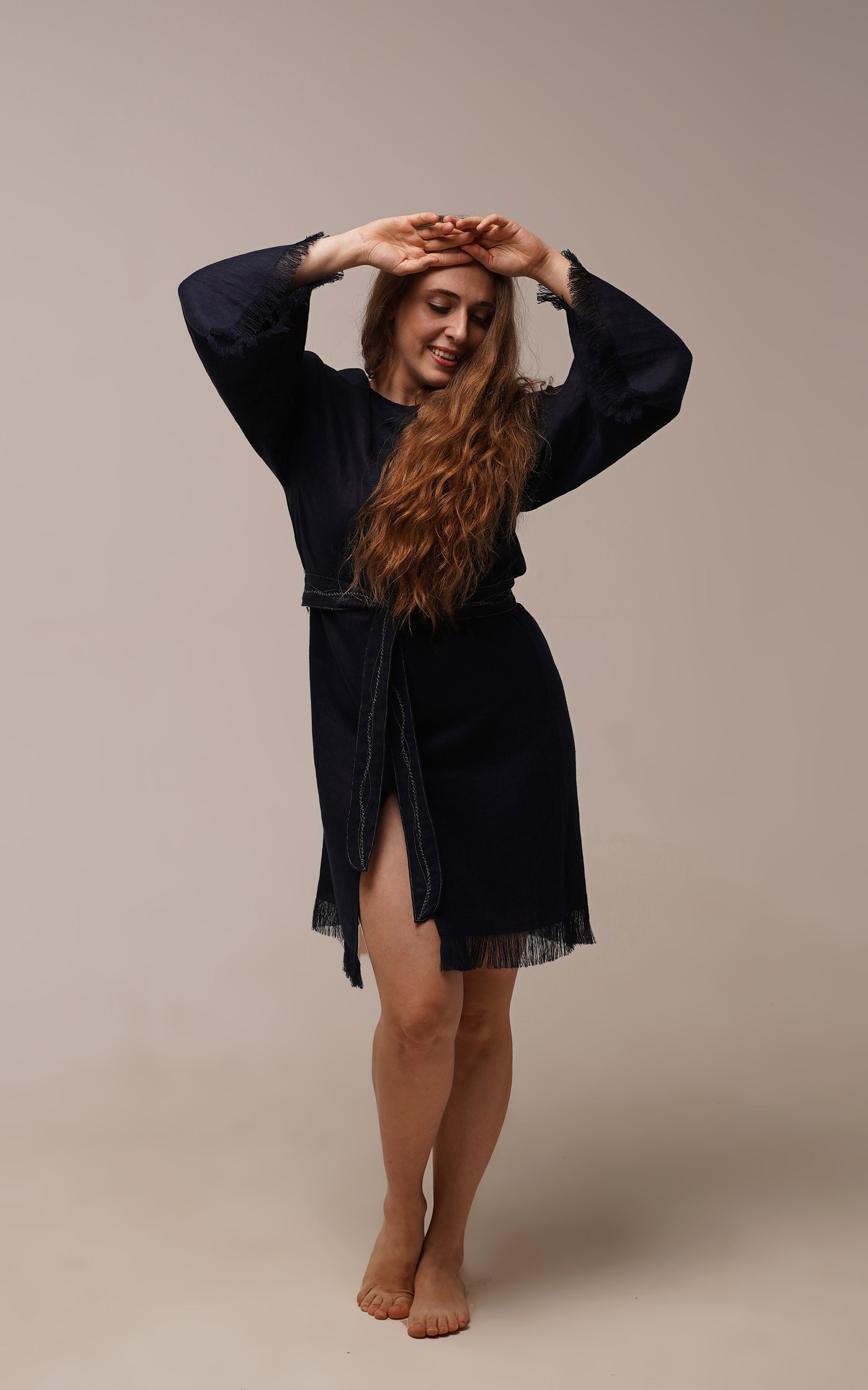 Women Loose Linen Cardigan Belted Dress