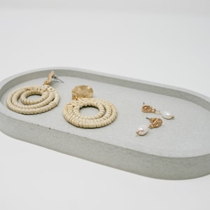 Grey concrete oval tray Gold decorative coaster Jewelry dish Concrete plant saucer