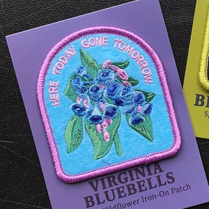 May include: An iron-on patch featuring a cluster of bluebells on a blue background. The patch is surrounded by a pink border and has the text "Here Today Gone Tomorrow" and "Virginia Bluebells Spring Wildflower Iron-On Patch".