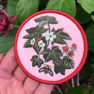 May include: A circular embroidered patch featuring a light pink background with a red stitched border. The design depicts a botanical illustration of green leaves, white flowers, small red berries, and a small bee in the lower section.