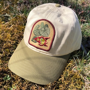 May include: A beige and green baseball cap with a patch featuring a red and green floral design. The patch has a red border and a white background.