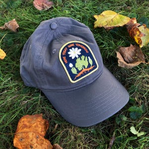 May include: Gray baseball cap with a patch that reads "Here Today Gone Tomorrow" and features a white flower with green leaves and a yellow stem.