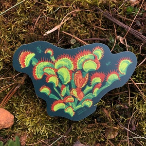 May include: A sticker featuring a detailed illustration of a Venus flytrap plant with red, green, and yellow colours on a dark blue background. The sticker has the text "SORTRICE HANDMADE" at the bottom.
