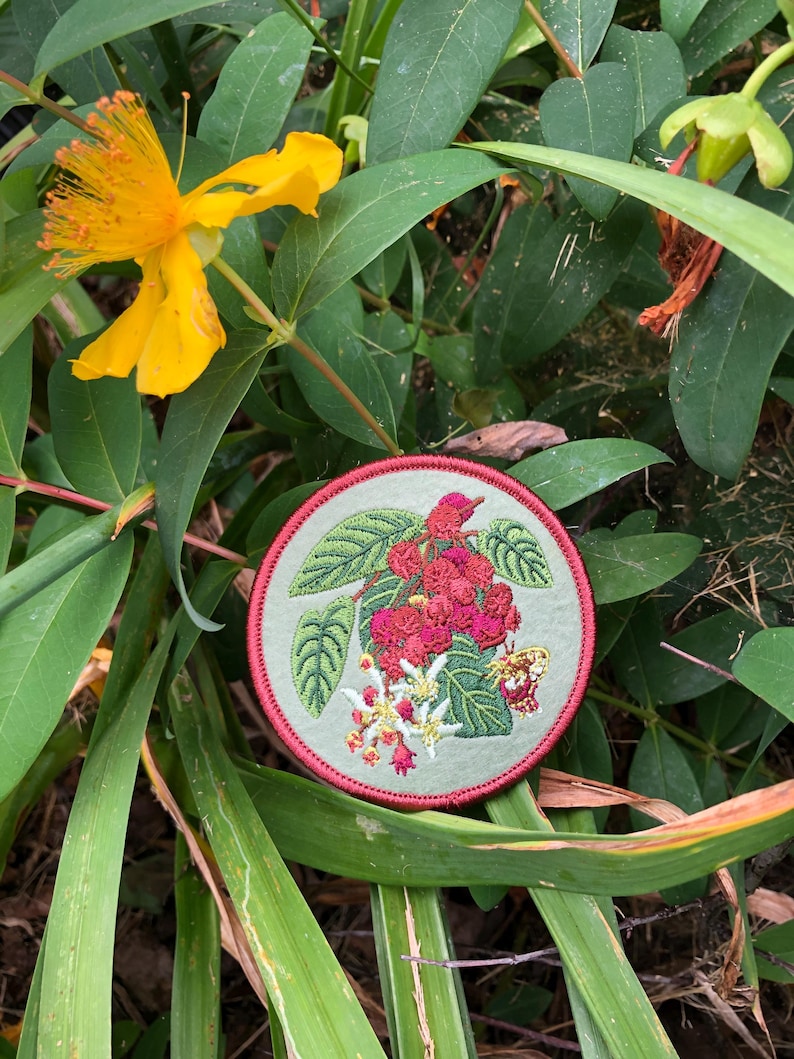 May include: A circular embroidered patch featuring a light sage green background with a detailed botanical design of red berries, green leaves, white flowers, and a small yellow butterfly, all enclosed within a dark red stitched border.