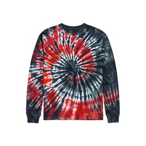 May include: A long-sleeve crew neck shirt featuring a spiral tie-dye pattern in shades of black, dark gray, and vibrant red. The design radiates from a central point on the chest, extending across the sleeves and torso with a consistent color blend.
