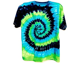 Spiral Tie Dye Shirt: Alpine Blue, Lime Pop, & Black - Gildan Softstyle Cotton