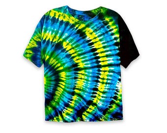Side Sunburst Tie Dye Shirt, Blue Green Lime Tee, Handmade Cotton, Festival Shirt S-5XL
