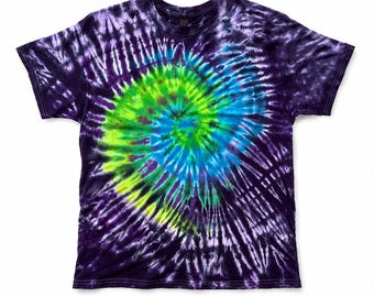 Cosmic Swirl Tie Dye Shirt - Purple & Green Spiral, Hand Dyed Festival Tee, Size S-5XL