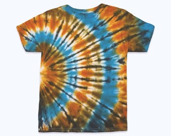 Amber Sunburst Tie Dye Kids Shirt: Orange, Brown & Blue Cotton