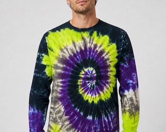 Acid Wave Tie-Dye Long Sleeve Shirt: Lime Green Swirl, Handmade Cotton