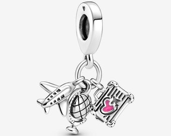 S925 Silver Airplane, Globe Suitcase Dangle Charm C54, All Charms fits Pandora Moments bracelet & necklace ,
