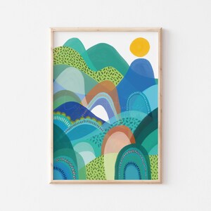 Colourful wall art print, rainbow print, beach home décor, wall décor, nursery print, blue mountains, landscape art, blue decor, abstract