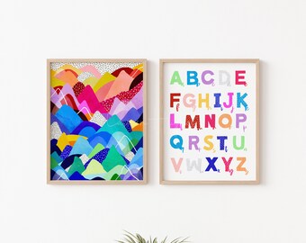 Colourful art for kids, set of 2 prints, alphabet poster, rainbow print, nursery wall art, gender neutral baby gift, rainbow playroom decor