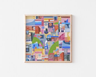 Colourful city art print, square print, colourful artwork, square canvas, fine art print, living room art, architecture art, urban art