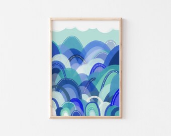 Colourful rainbow mountains print, wall art print, boys room print, colourful art, baby boy, baby shower gift, living room art, hand drawn