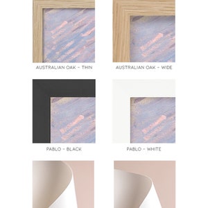 May include: Image displaying printing and framing choices. Features examples of Australian Oak (thin and wide), Pablo (black and white), Premium Art Paper (230GSM), and Textured Cotton Rag (315GSM). The text "PRINTING & FRAMING OPTIONS" is at the top.