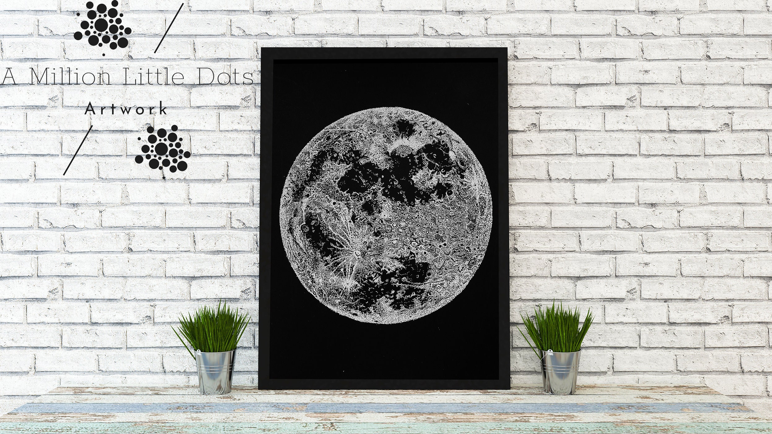 Framed Moon Art Print Hand Drawn With A Million Little Dots Etsy