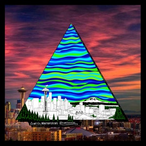 Seattle Skyline (Seahawk), Washington, PNW, Pacific Northwest, Mount Rainier, Rainier, Blue and Green: Sticker