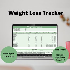 May include: A laptop computer screen displaying a weight loss tracker spreadsheet. The spreadsheet includes columns for month, beginning weight, ending weight, weight lost, weight loss remaining, and BMI. The spreadsheet is designed to track weight loss over 12 months. The text "Easy to use!" and "No Excel Experience Required" is displayed on the screen.
