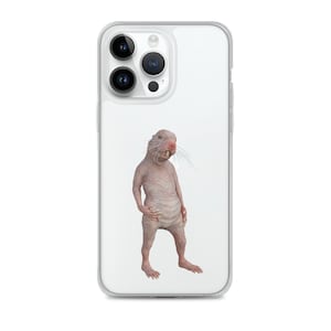 May include: A clear phone case with a white background and a picture of a naked mole rat. The mole rat is standing on its hind legs and has its arms crossed.