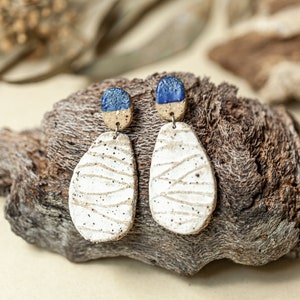 Statement ceramic dangle earrings | Handmade jewellery blue white earring | Lightweight | Gift for her | Hypoallergenic Australian Clay long