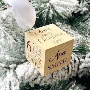 Personalized Baby's First Christmas Ornament: Engraved Wood Birth Stats Block
