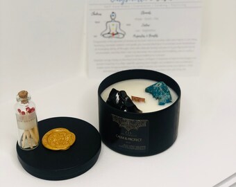 Crystal Candle | No. 01 | Calm and Protect | Soy Wax | Wooden Wick Candle | Chrysocolla and Obsidian