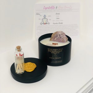Crystal Candle | No. 05 | Love & Strength | Soy Wax | Wooden Wick Candle | Lepidolite and Rose Quartz