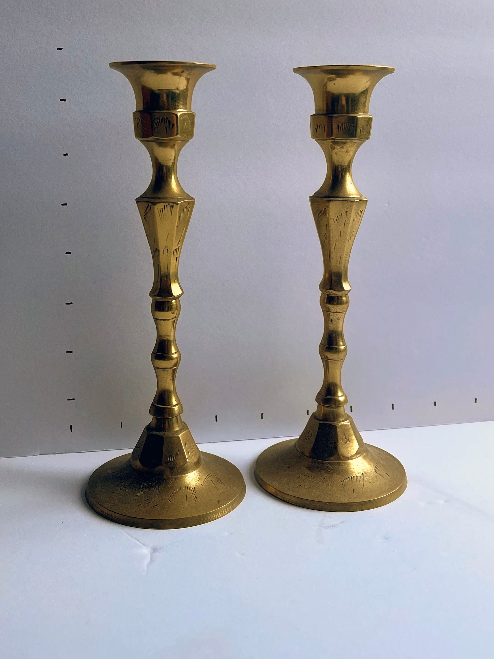 Vintage Etched Brass Candlesticks Pair Etsy