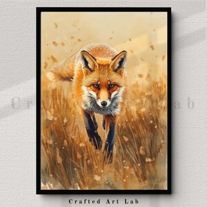 May include: A framed art print featuring a watercolor painting of a red fox running through tall, golden grass. The fox has orange and white fur with black legs and a focused expression. The artwork is set against a warm, neutral background. The text "Crafted Art Lab" is at the bottom.