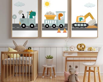 Dinosaur Construction Prints | 3 Set | Kids Room Wall Art | Dino Truck Nursery Decor | Digital Download
