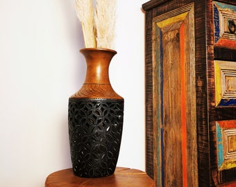Clay vase - traditional Mexican pattern - dried flowers