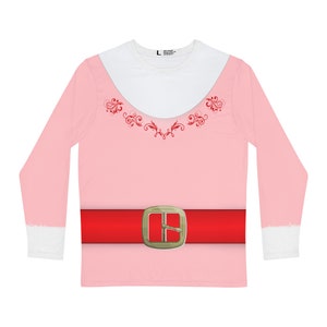 May include: A long-sleeved pink shirt with a white collar and cuffs, designed to resemble a Santa Claus outfit. The shirt features a red belt with a gold buckle and decorative red swirls near the collar.