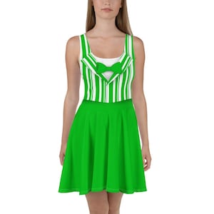May include: A green skater dress with a white top featuring green vertical stripes and a green bow tie. The dress has a sleeveless design and a flared skirt, creating a playful and vibrant look.