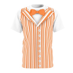 May include: White t-shirt with a printed orange and white striped vest design. The vest has a row of white buttons down the center and an orange bow tie. The shirt is a novelty design.