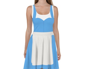 May include: A blue and white dress with a white apron. The dress has a sweetheart neckline and a sleeveless design.
