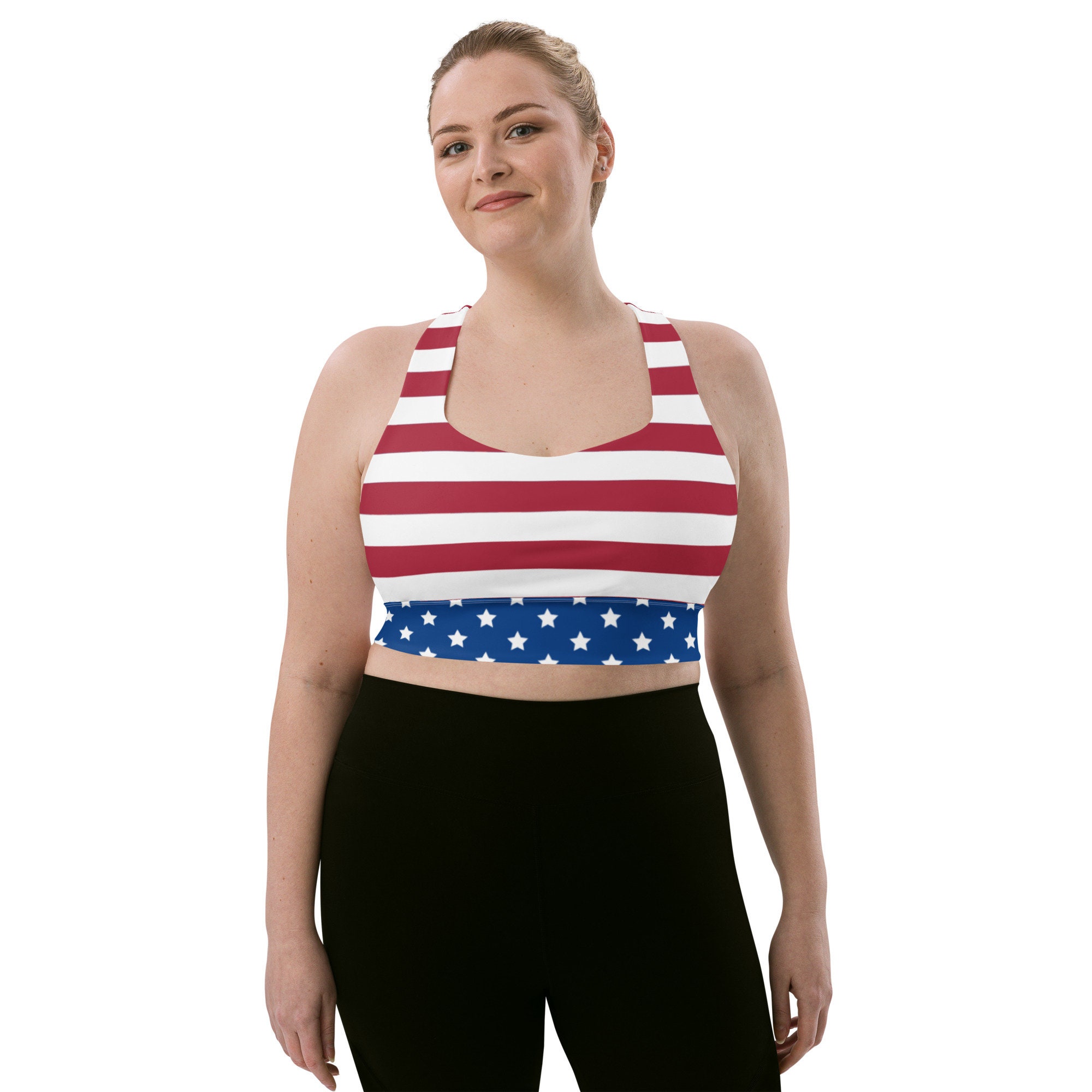 Red White and Blue Striped Horse Bits Pattern Sports Bra - The