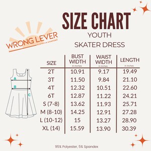 May include: A size chart for a youth skater dress, featuring bust, waist, and length measurements in inches. Sizes range from 2T to XL (14). The chart includes the Wrong Lever Clothing Company logo and the dress's material composition: 95% polyester, 5% spandex.