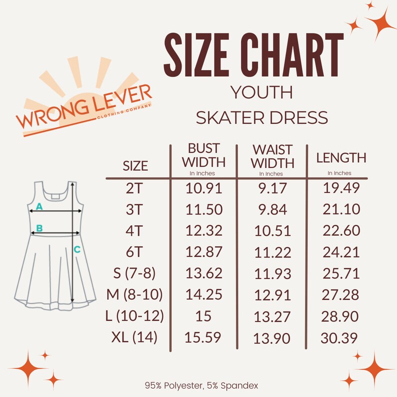 May include: A size chart for a youth skater dress, featuring bust, waist, and length measurements in inches. Sizes range from 2T to XL (14). The chart includes the Wrong Lever Clothing Company logo and the dress's material composition: 95% polyester, 5% spandex.