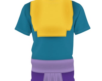 May include: A teal blue t-shirt with a yellow rectangle on the chest and a purple band and skirt at the bottom.