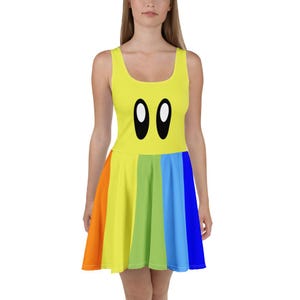 May include: A yellow skater dress with a rainbow stripe at the bottom and two black eyes on the bodice.