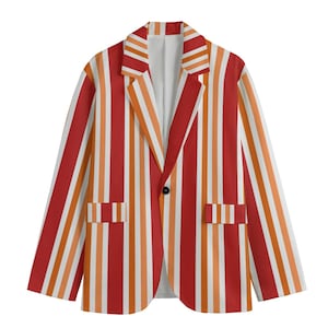 May include: A red, orange, and white striped blazer with a black button closure. The blazer features a classic notched lapel and two front pockets. The vertical stripes create a bold, eye-catching design. This garment is a stylish addition to any wardrobe.