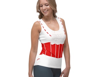 May include: White tank top with a red and white corset design. The corset has a white ruffle at the top and red vertical stripes.